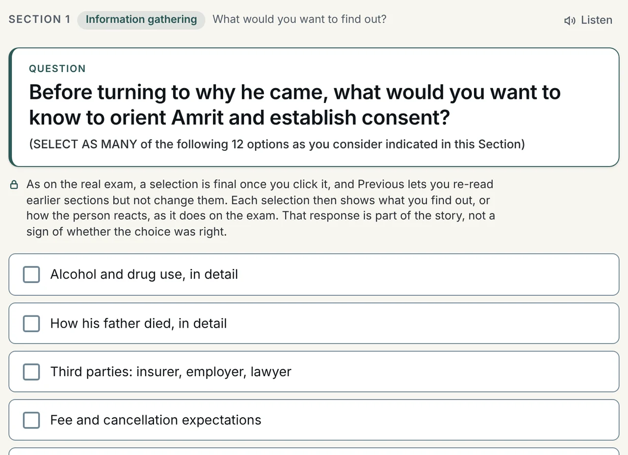A CRPO Exam Lab practice case: an Information Gathering question about orienting a client and establishing consent, with the options to choose from.